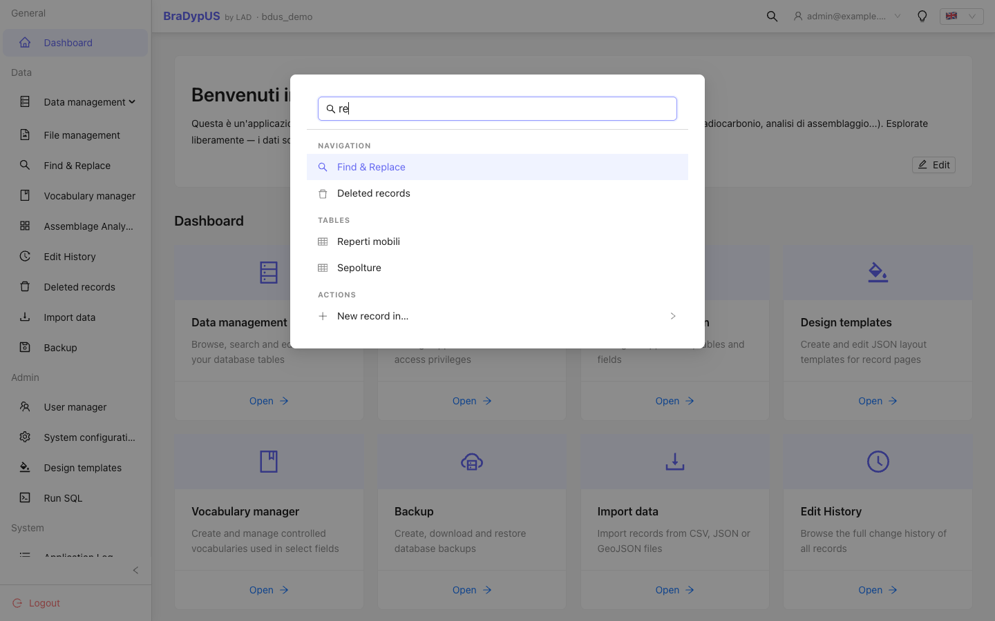 Command palette open, showing grouped results (Navigation/Tables/Actions) with the search input focused